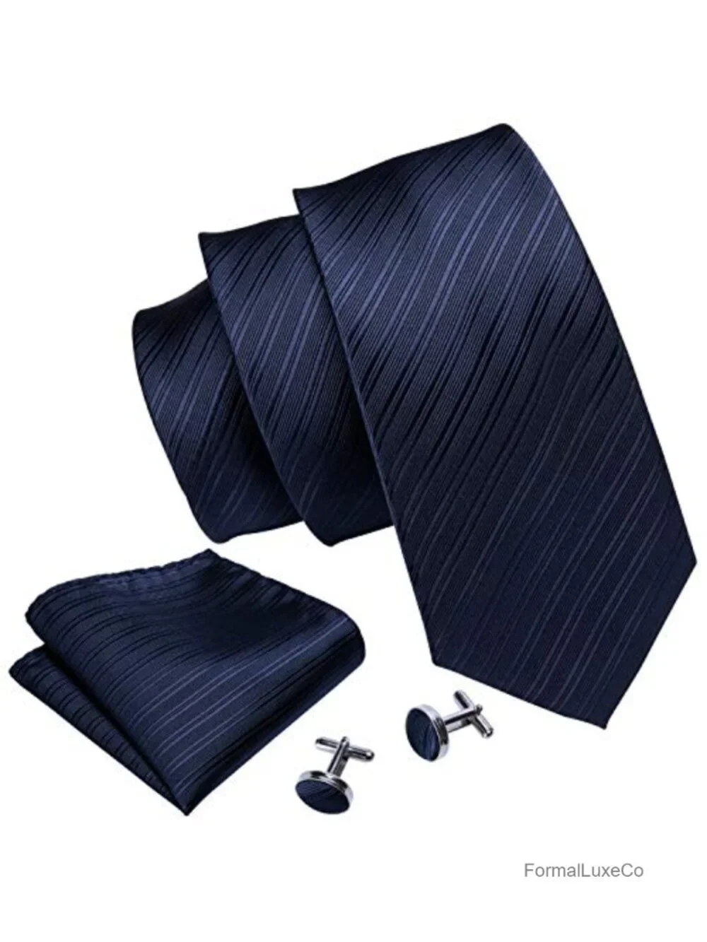 Silk Polyester Necktie Set with Pocket Square & Cufflinks